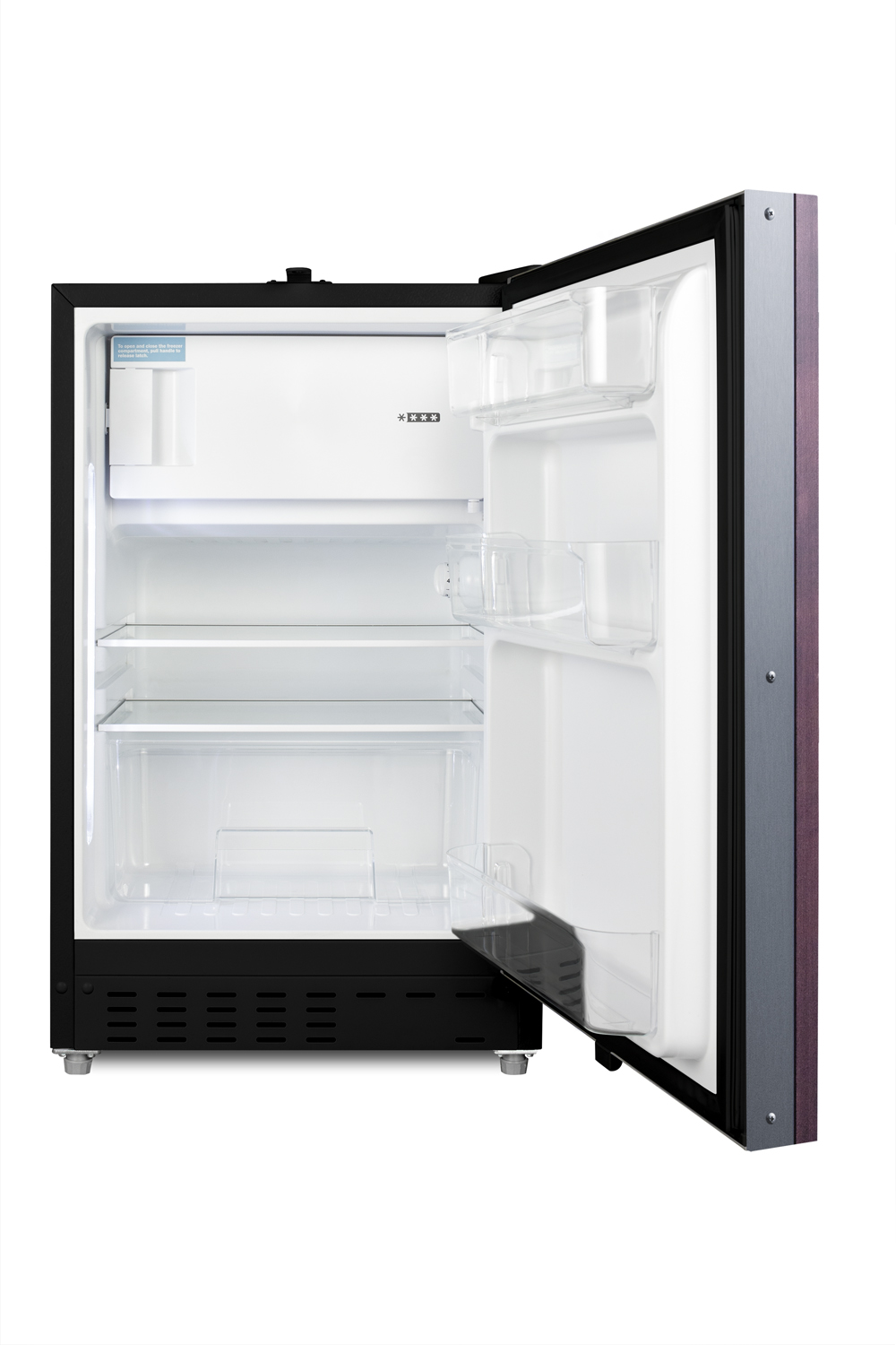 Built-in undercounter ADA compliant refrigerator-freezer in black with panel ready door for residential use, manual defrost with glass shelves, and door storage